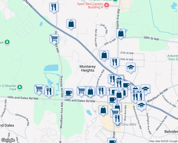 map of restaurants, bars, coffee shops, grocery stores, and more near 3414 Miles Avenue Northwest in Canton