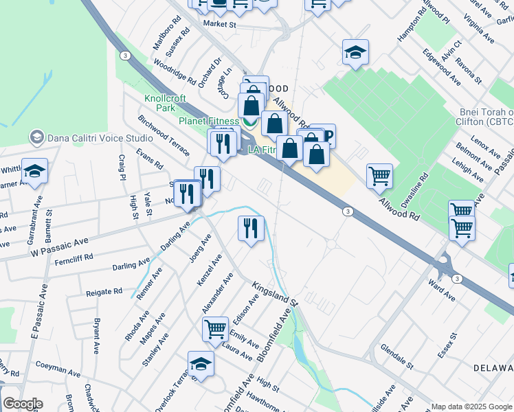 map of restaurants, bars, coffee shops, grocery stores, and more near 1153 Bloomfield Avenue in Clifton