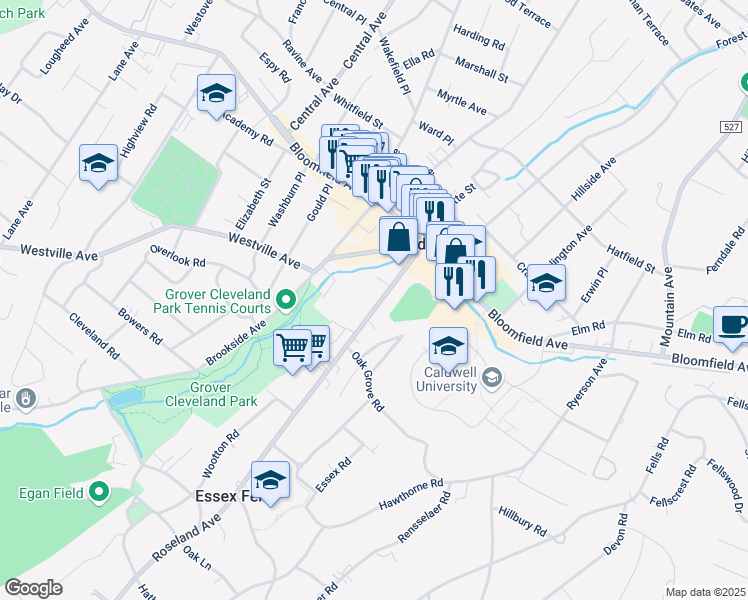 map of restaurants, bars, coffee shops, grocery stores, and more near 63 Roseland Avenue in Caldwell