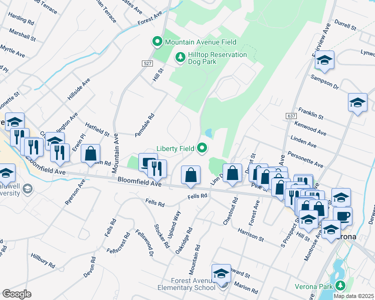 map of restaurants, bars, coffee shops, grocery stores, and more near 52 Hilltop Drive in North Caldwell