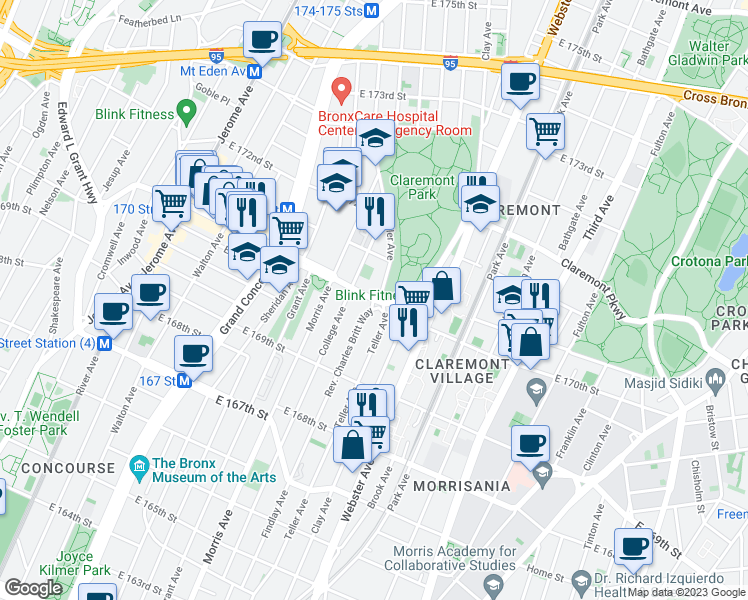map of restaurants, bars, coffee shops, grocery stores, and more near E 170th St & Findlay Ave in Bronx