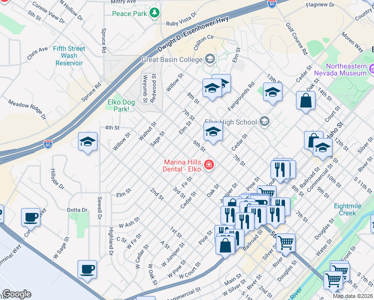 map of restaurants, bars, coffee shops, grocery stores, and more near 524 Maple Street in Elko