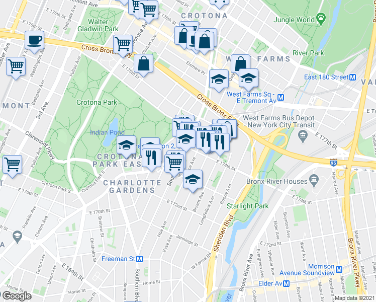 map of restaurants, bars, coffee shops, grocery stores, and more near 1718 Southern Boulevard in The Bronx