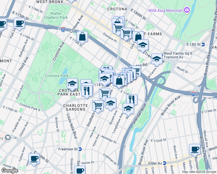 map of restaurants, bars, coffee shops, grocery stores, and more near 920 East 174th Street in Bronx