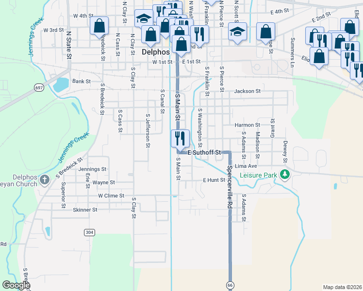 map of restaurants, bars, coffee shops, grocery stores, and more near 509 South Washington Street in Delphos