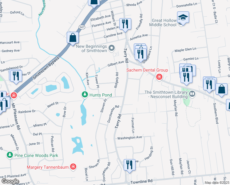 map of restaurants, bars, coffee shops, grocery stores, and more near 15 Ridgeley Road in Smithtown