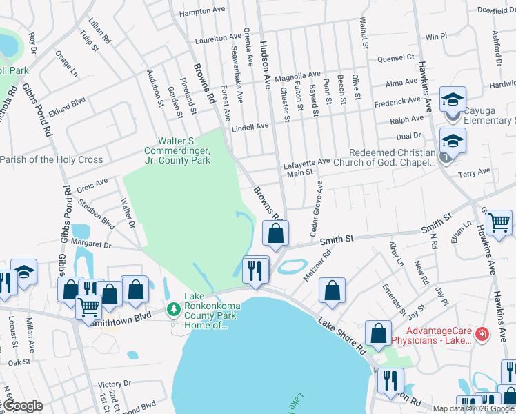 map of restaurants, bars, coffee shops, grocery stores, and more near 512 Browns Road in Nesconset