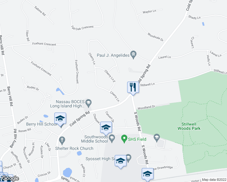 map of restaurants, bars, coffee shops, grocery stores, and more near 6 Cherry Lane East in Syosset