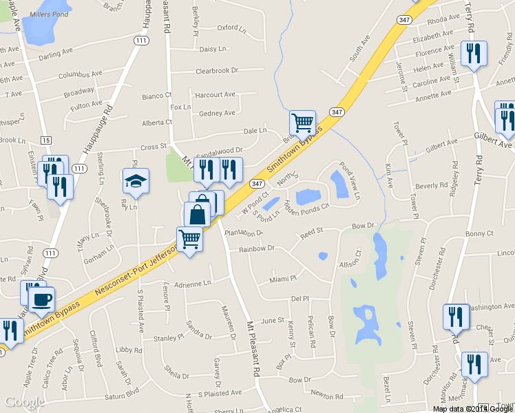 map of restaurants, bars, coffee shops, grocery stores, and more near 24 West Pond Court in Smithtown