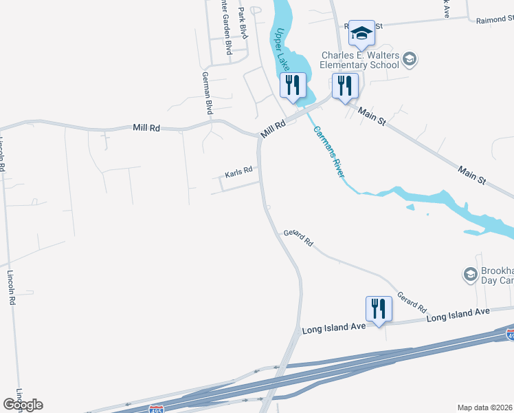map of restaurants, bars, coffee shops, grocery stores, and more near 47 Sills Road in Yaphank