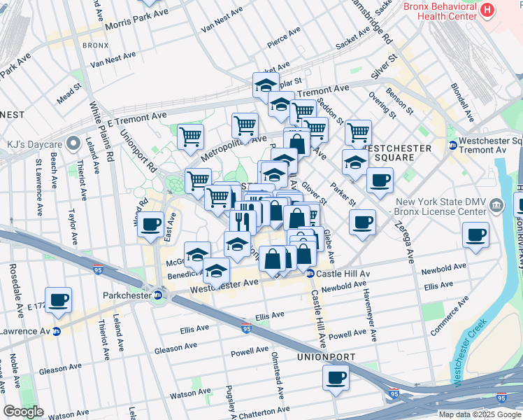 map of restaurants, bars, coffee shops, grocery stores, and more near 2120 Saint Raymond Avenue in The Bronx