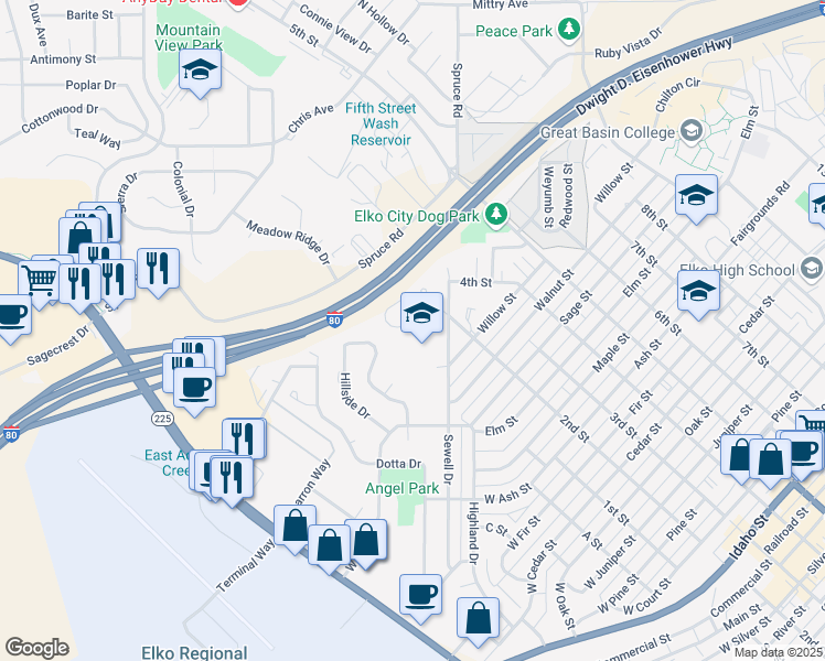map of restaurants, bars, coffee shops, grocery stores, and more near 1645 Sewell Drive in Elko