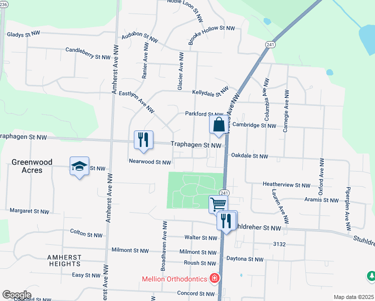 map of restaurants, bars, coffee shops, grocery stores, and more near 8278 Traphagen Street Northwest in Massillon