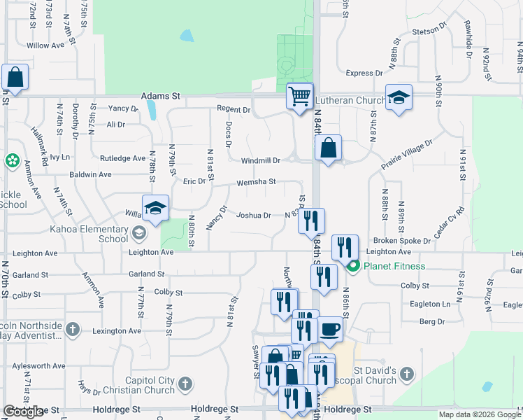 map of restaurants, bars, coffee shops, grocery stores, and more near 2500 North 82nd Court in Lincoln