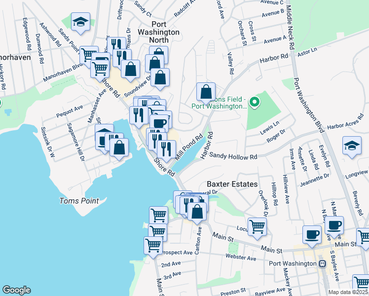 map of restaurants, bars, coffee shops, grocery stores, and more near 33 Millpond Road in Port Washington