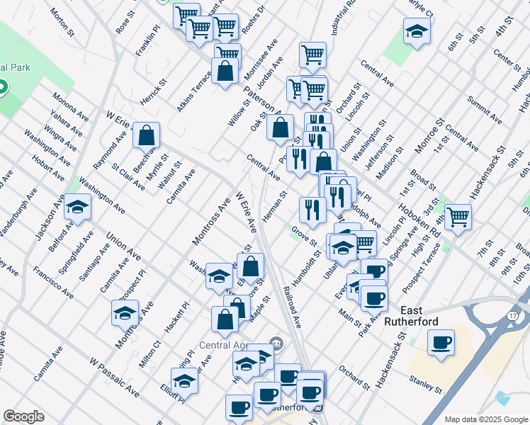 map of restaurants, bars, coffee shops, grocery stores, and more near 117 Herman Street in East Rutherford
