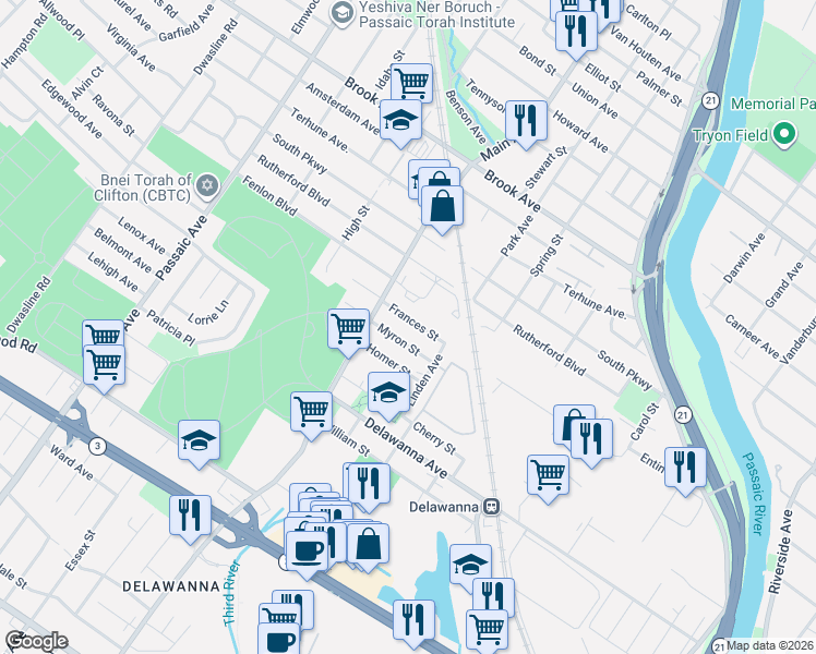 map of restaurants, bars, coffee shops, grocery stores, and more near 36 Frances Street in Clifton