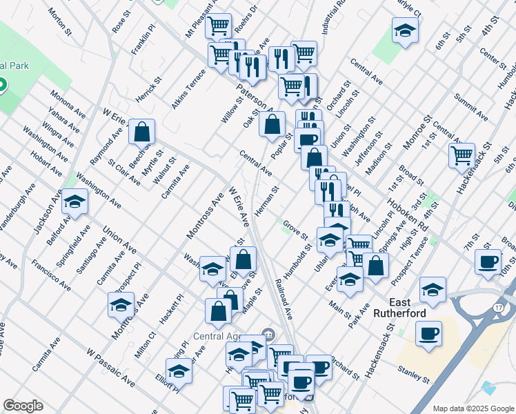 map of restaurants, bars, coffee shops, grocery stores, and more near 117 Herman Street in East Rutherford