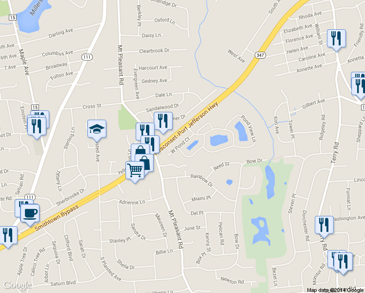 map of restaurants, bars, coffee shops, grocery stores, and more near 24 West Pond Court in Smithtown