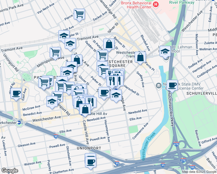 map of restaurants, bars, coffee shops, grocery stores, and more near 1441 Zerega Avenue in Bronx