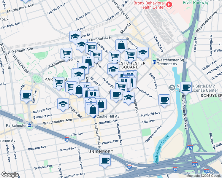 map of restaurants, bars, coffee shops, grocery stores, and more near 1517 Parker Street in The Bronx