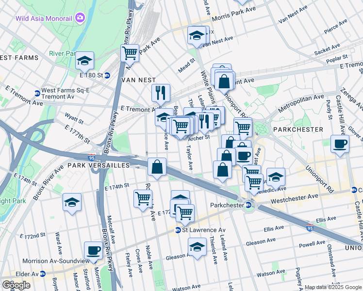 map of restaurants, bars, coffee shops, grocery stores, and more near in The Bronx