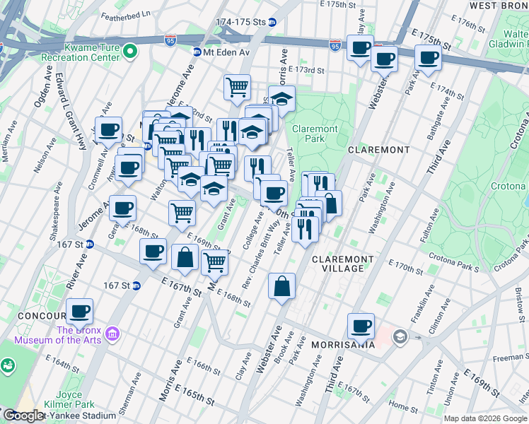 map of restaurants, bars, coffee shops, grocery stores, and more near in The Bronx