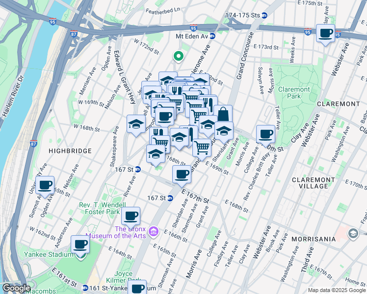 map of restaurants, bars, coffee shops, grocery stores, and more near 108 East Clarke Place in Bronx