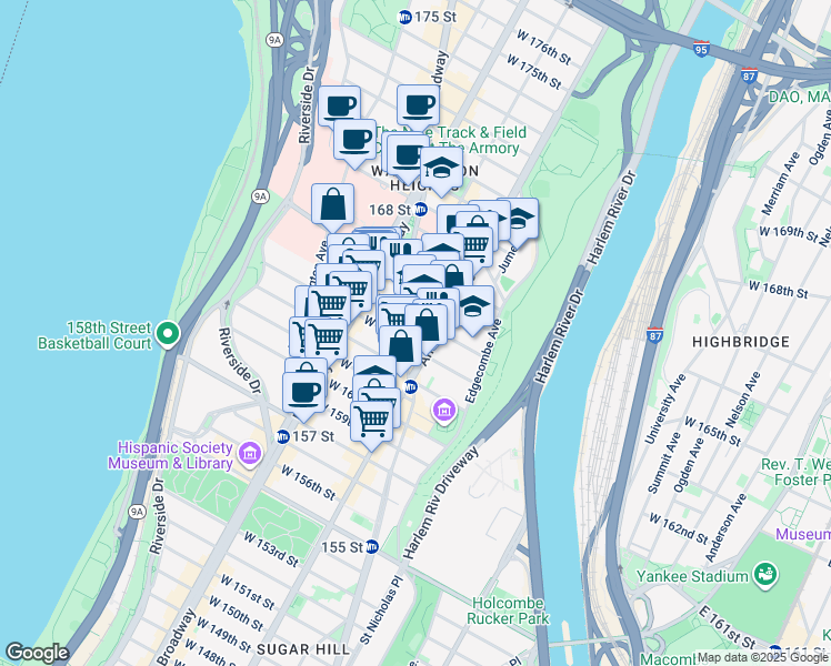 map of restaurants, bars, coffee shops, grocery stores, and more near 509 West 163rd Street in New York
