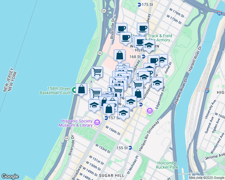 map of restaurants, bars, coffee shops, grocery stores, and more near 66 Fort Washington Avenue in New York