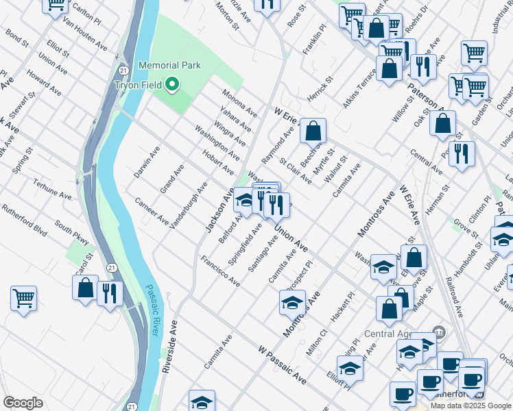 map of restaurants, bars, coffee shops, grocery stores, and more near 22 Wells Place in Rutherford