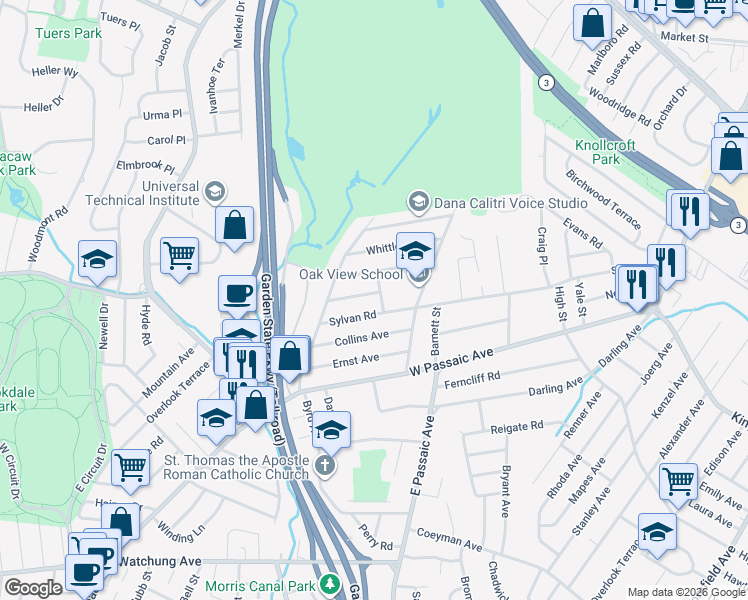 map of restaurants, bars, coffee shops, grocery stores, and more near 140 Demarest Avenue in Bloomfield