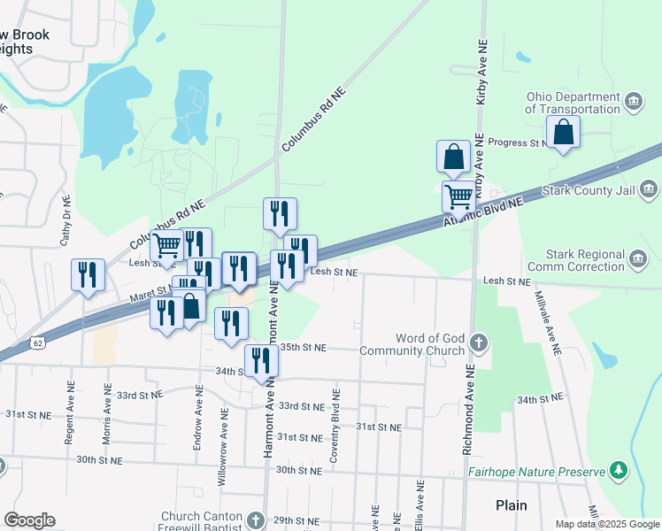 map of restaurants, bars, coffee shops, grocery stores, and more near 3533 Lesh Street Northeast in Canton