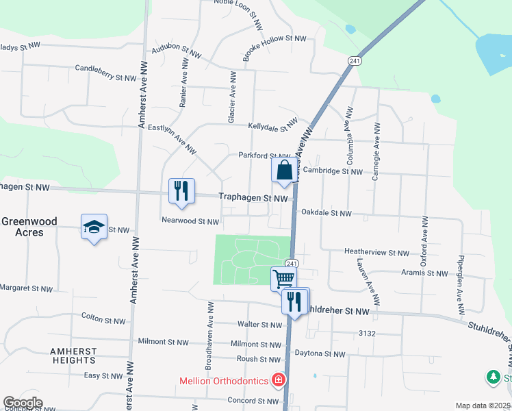 map of restaurants, bars, coffee shops, grocery stores, and more near 8224 Traphagen Street Northwest in Massillon