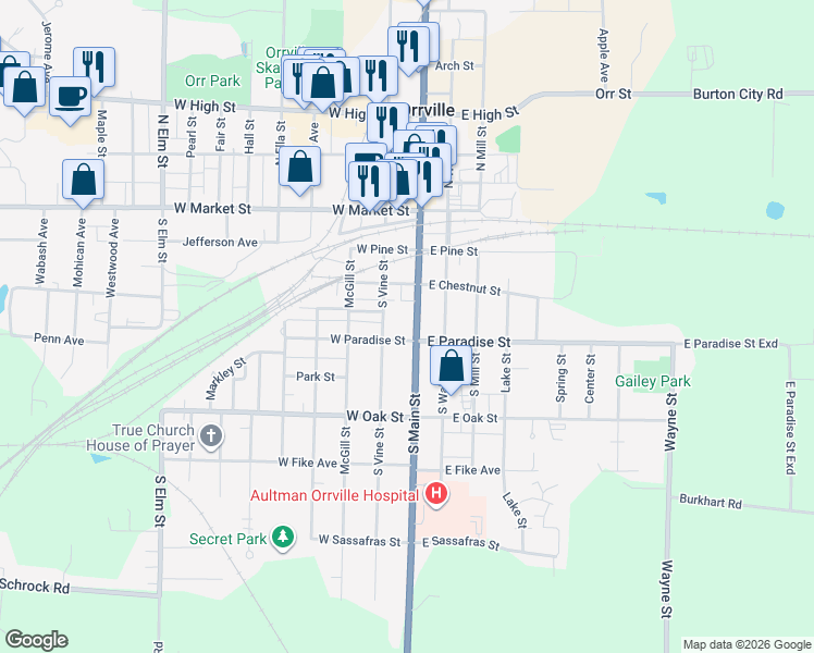 map of restaurants, bars, coffee shops, grocery stores, and more near 401 South Main Street in Orrville