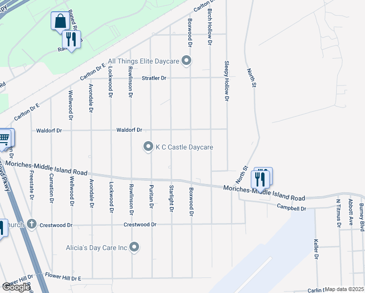 map of restaurants, bars, coffee shops, grocery stores, and more near 483 Boxwood Drive in Shirley