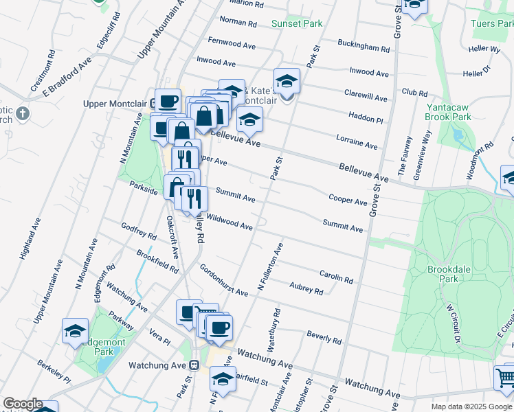 map of restaurants, bars, coffee shops, grocery stores, and more near 350 Park Street in Montclair