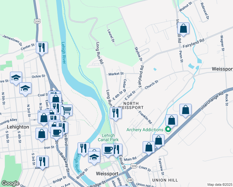 map of restaurants, bars, coffee shops, grocery stores, and more near 62 East 4th Street in Lehighton