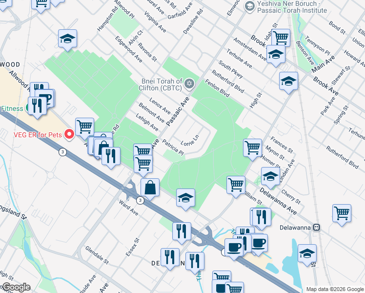 map of restaurants, bars, coffee shops, grocery stores, and more near 67 Lorrie Lane in Clifton