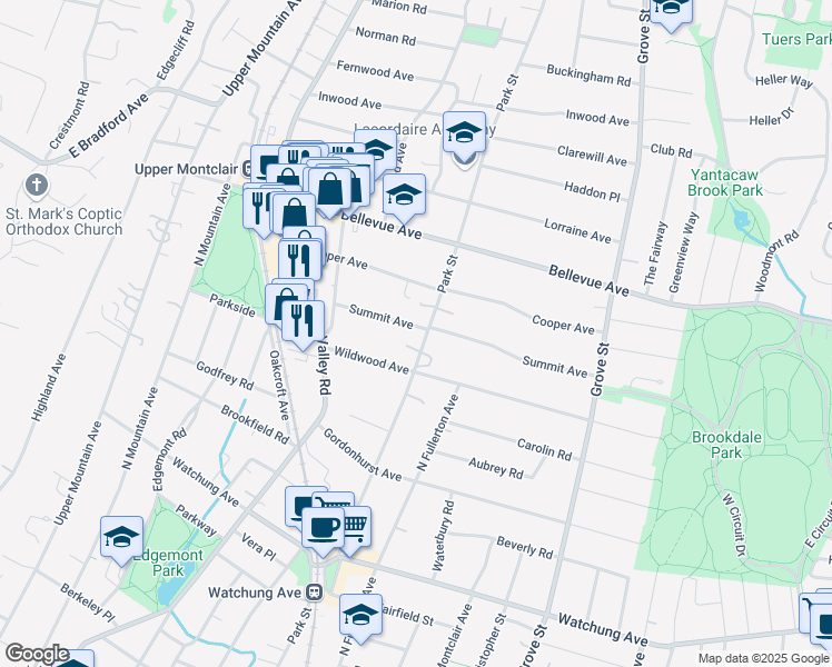 map of restaurants, bars, coffee shops, grocery stores, and more near 350 Park Street in Montclair