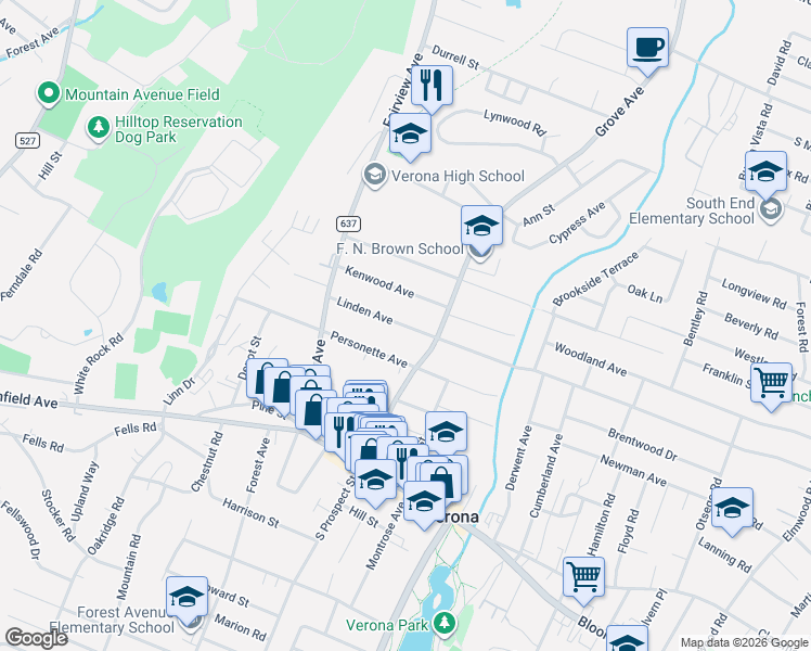 map of restaurants, bars, coffee shops, grocery stores, and more near 256 Linden Avenue in Verona