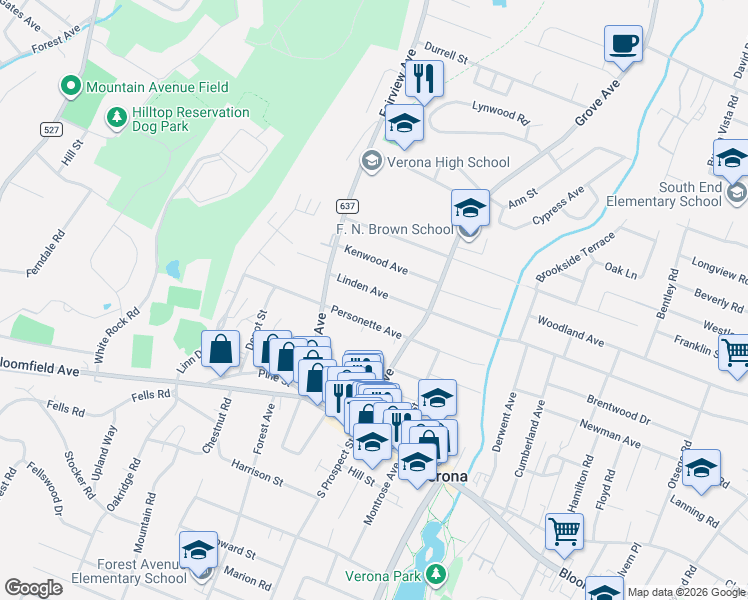 map of restaurants, bars, coffee shops, grocery stores, and more near 271 Linden Avenue in Verona