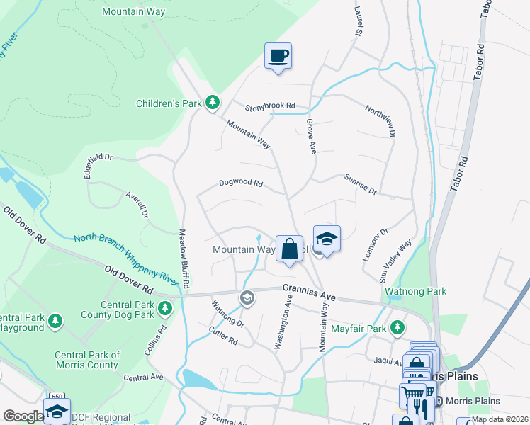 map of restaurants, bars, coffee shops, grocery stores, and more near 42 Overlook Trail in Morris Plains