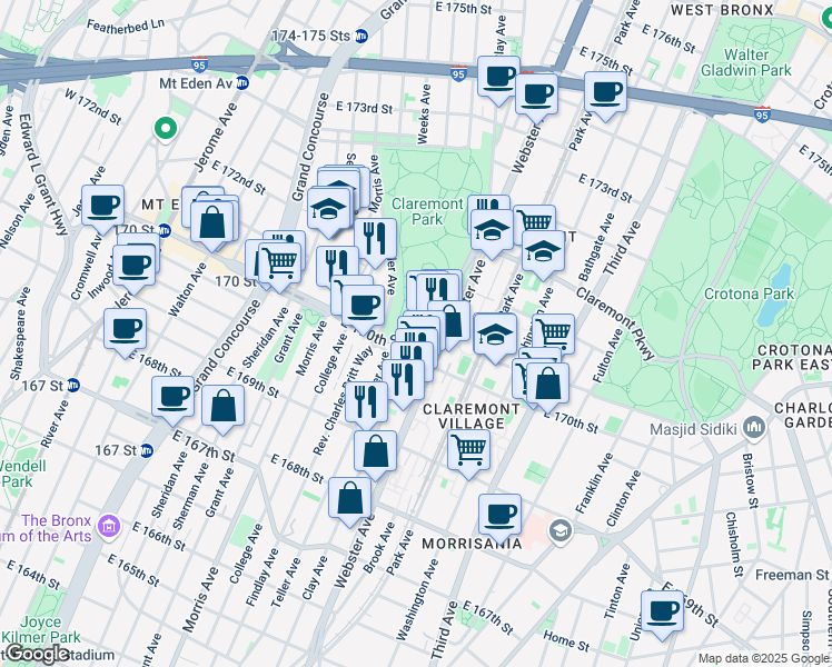 map of restaurants, bars, coffee shops, grocery stores, and more near E 170th St & Clay Ave in Bronx