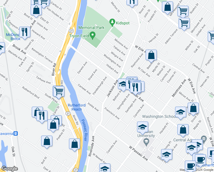map of restaurants, bars, coffee shops, grocery stores, and more near 19 Clark Avenue in Rutherford