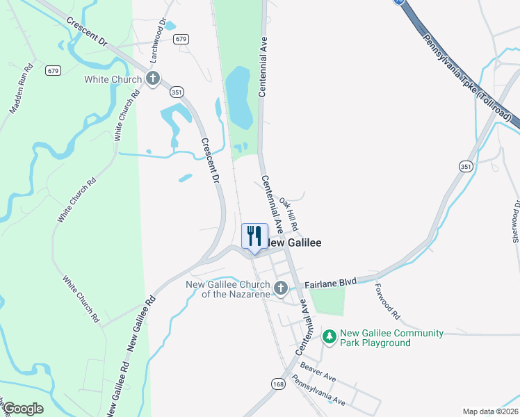 map of restaurants, bars, coffee shops, grocery stores, and more near 1101 Centennial Avenue in New Galilee