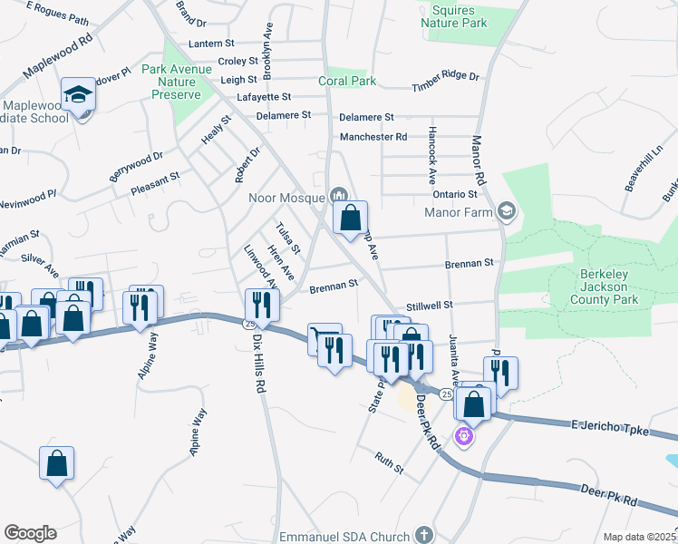 map of restaurants, bars, coffee shops, grocery stores, and more near 7 Lindsay Street in Huntington