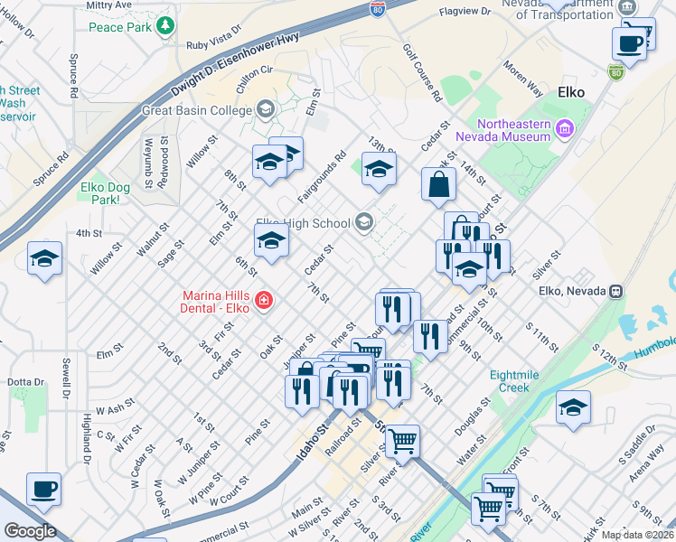 map of restaurants, bars, coffee shops, grocery stores, and more near 800 8th Street in Elko