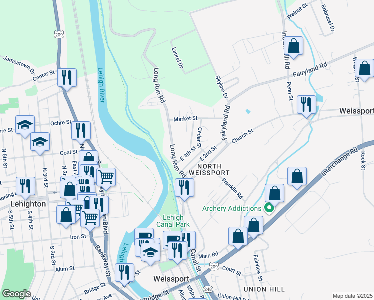 map of restaurants, bars, coffee shops, grocery stores, and more near 62 East 4th Street in Lehighton