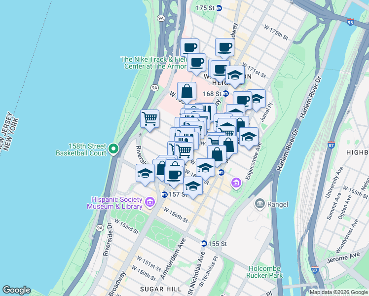 map of restaurants, bars, coffee shops, grocery stores, and more near 600 West 162nd Street in New York